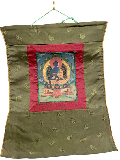 'Bhaisajyaguru' (Medicine Buddha) Painting with Brocade | Associated with Wellness and Healing