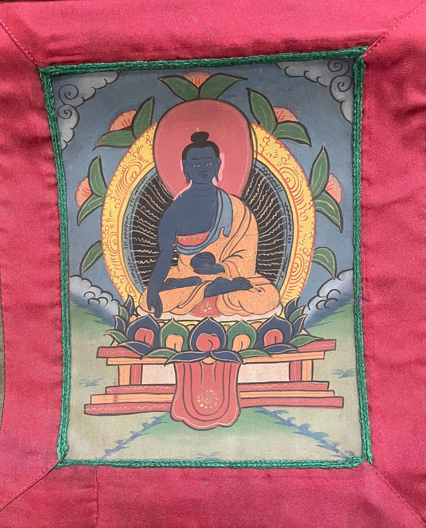 'Bhaisajyaguru' (Medicine Buddha) Painting with Brocade | Associated with Wellness and Healing