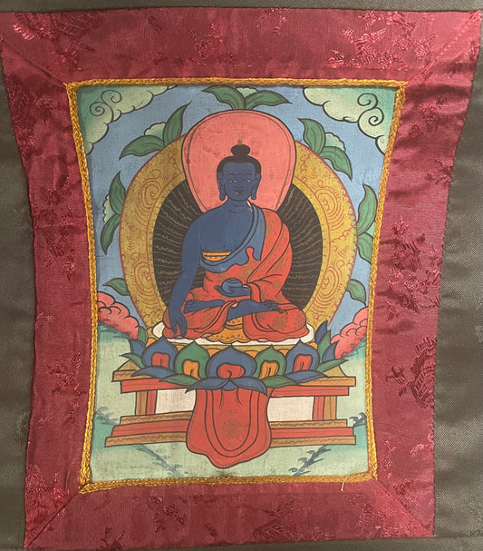 'Bhaisajyaguru' (Medicine Buddha) Painting with Brocade | Associated with Wellness and Healing