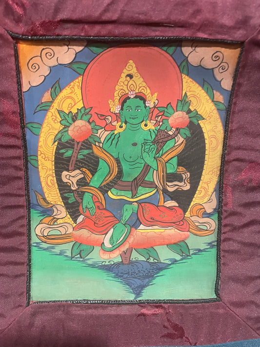 Green Tara Painting with Brocade | For Prosperity and Happiness