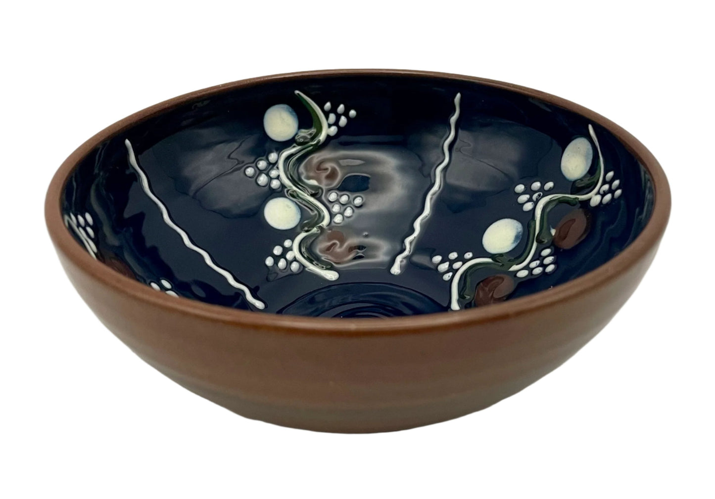 Ceramic Bowl, from Romania, with Dark Glaze and Intricate White Design