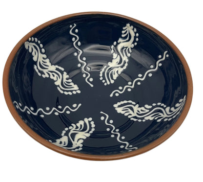 Ceramic Bowl, from Romania, with Dark Glaze and Intricate White Design