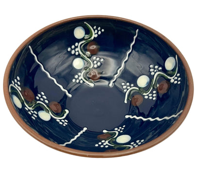 Ceramic Bowl, from Romania, with Dark Glaze and Intricate White Design