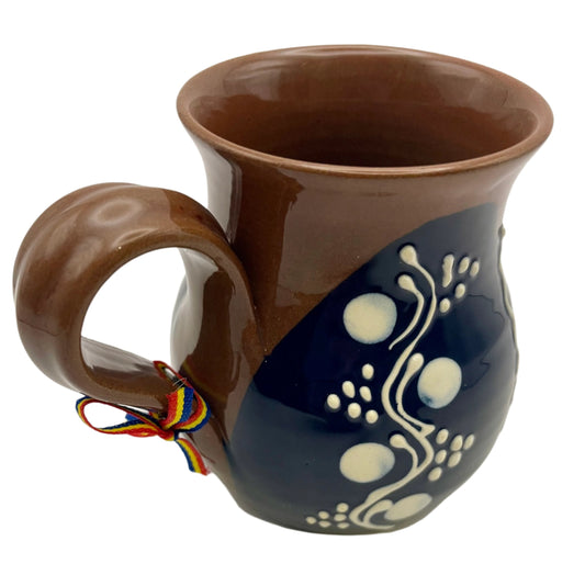 Ceramic Cup, from Romania, with Dark Glaze and Intricate White Design