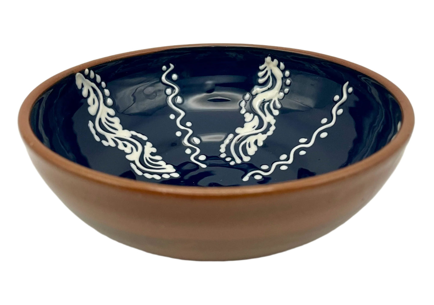 Ceramic Bowl, from Romania, with Dark Glaze and Intricate White Design