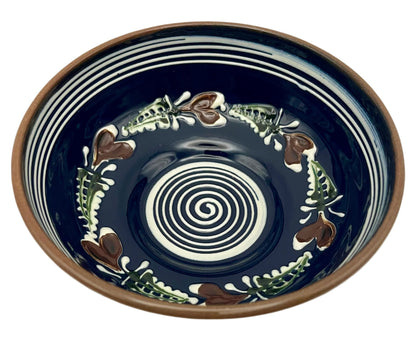 Ceramic Bowl, from Romania, with Dark Glaze and Intricate White Design