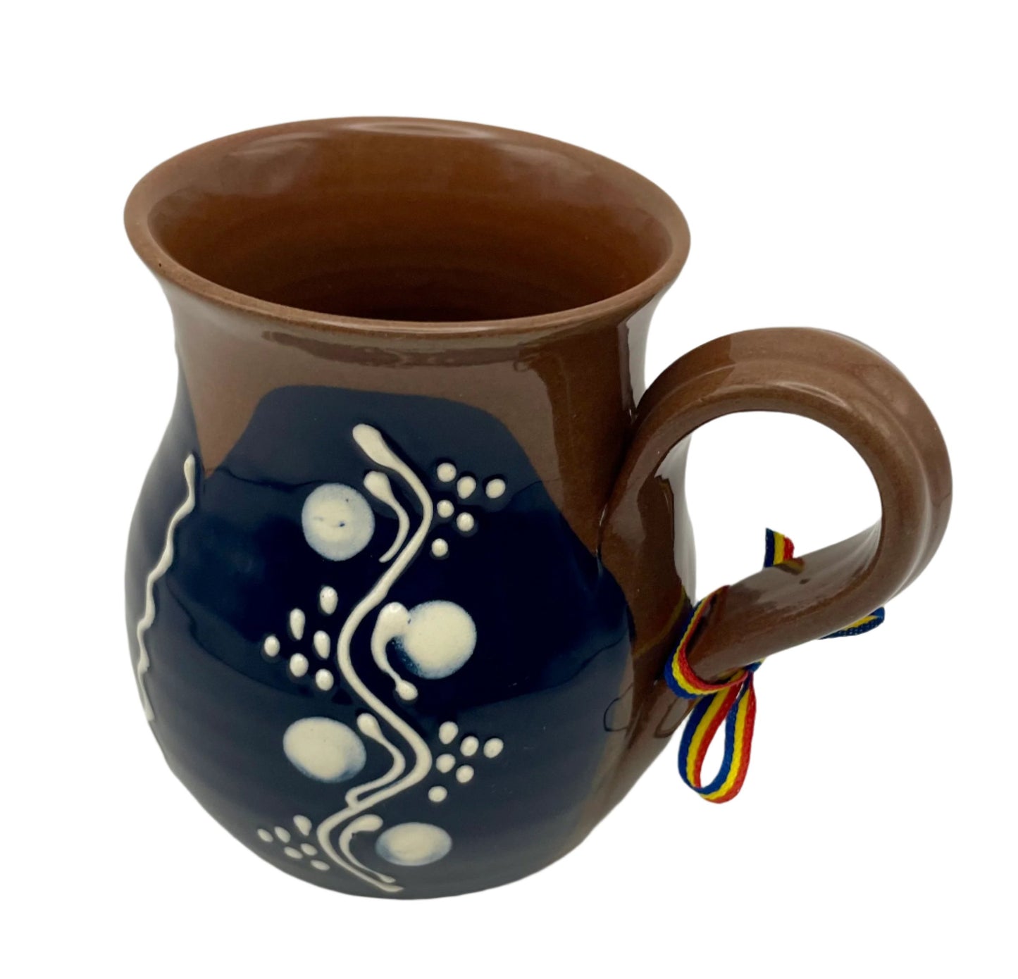 Ceramic Cup, from Romania, with Dark Glaze and Intricate White Design