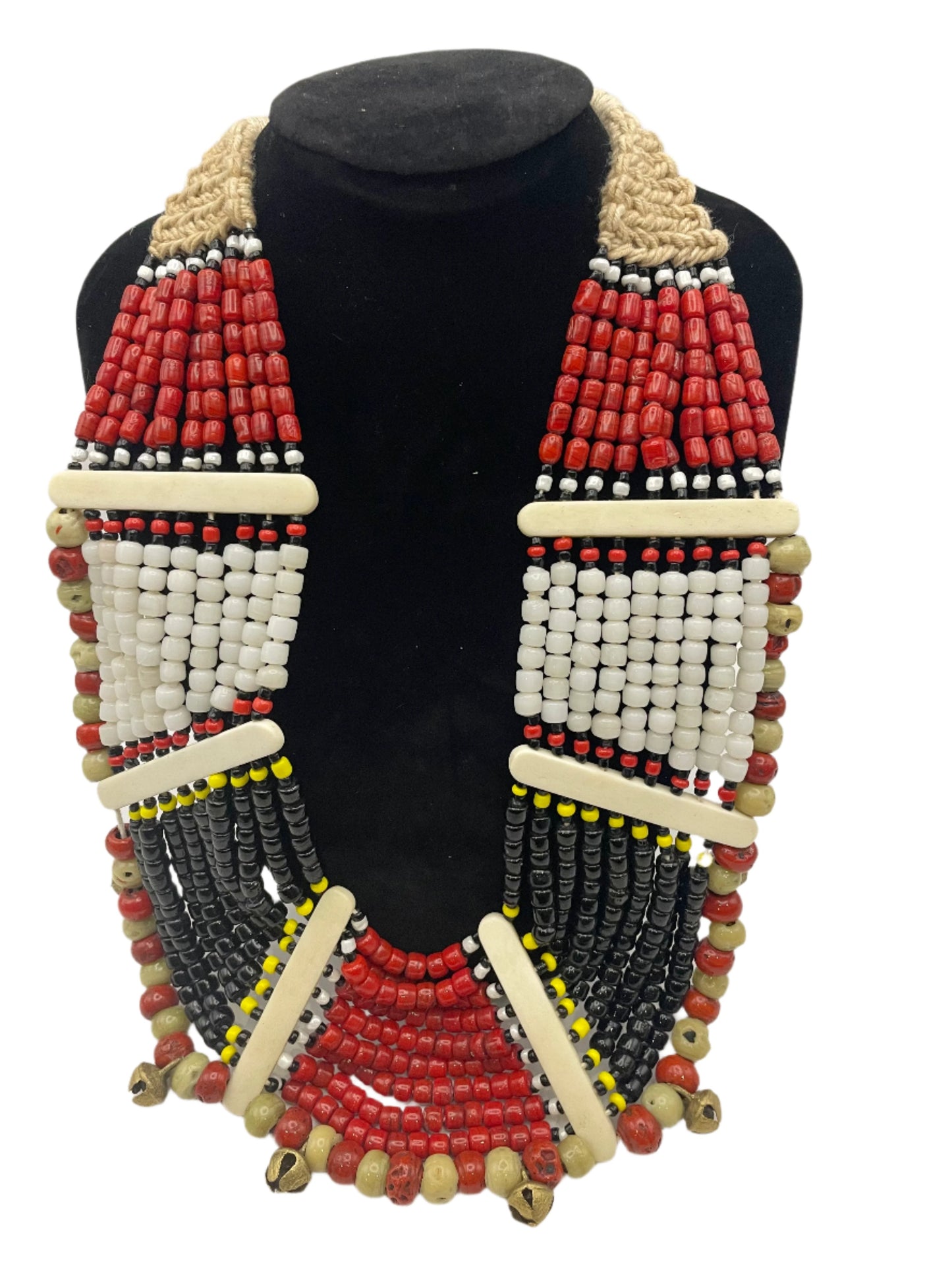 Tibetan Bead Necklace with Red, White, Black and Beige Tones